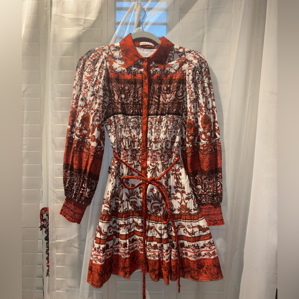 Alice + Olivia Red and White Long Sleeve Dress